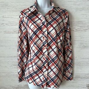 VINTAGE 70s Spear Collar Plaid Stretch Poly Button Down Shirt Union Made in USA